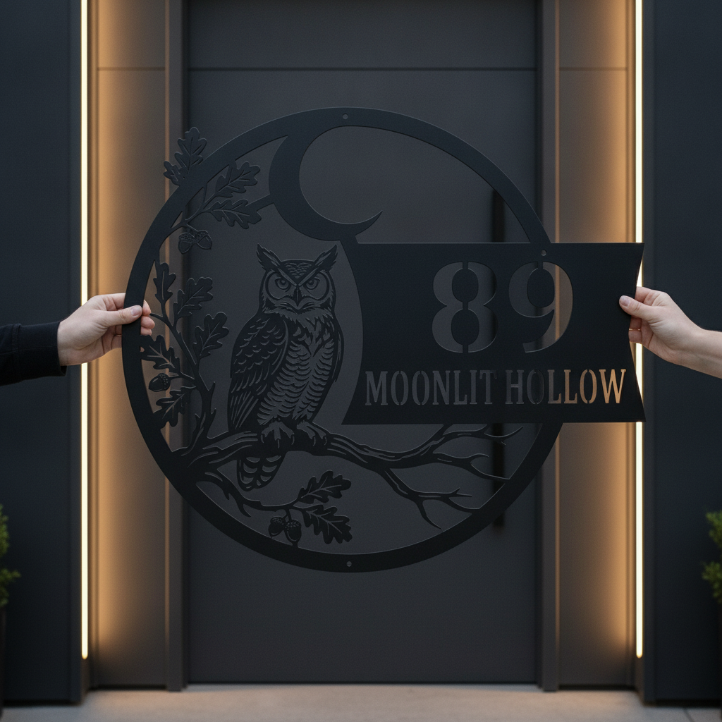 Personalized owl house number sign with crescent moon in black steel – image 6