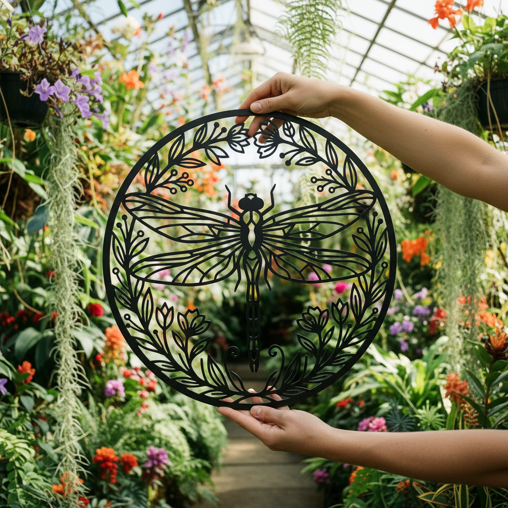 Rundes Libelle Metallschild im Blumenkranz aus schwarzem Stahl – Bild 10