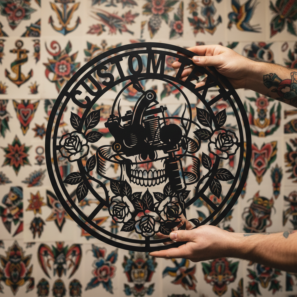 Personalisiertes Tattoostudio Metallschild rund mit Tattoomaschine, Totenkopf und Rosen – Bild 6