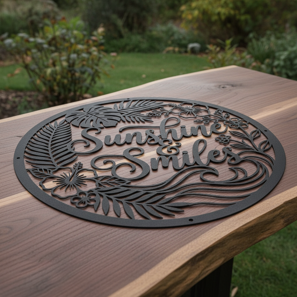 Personalisiertes Sommerschild Sunshine and Smiles mit Sonne und Palmen aus Stahl – Bild 7
