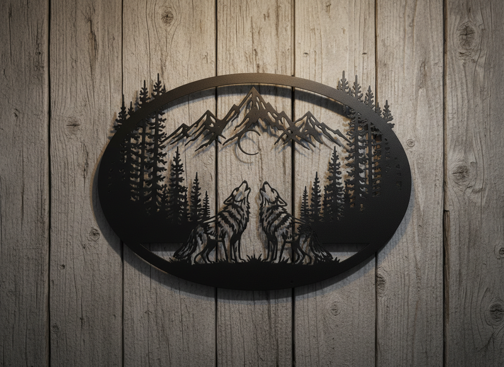 Oval howling wolves metal wall art with mountains and crescent moon in black steel – image 5