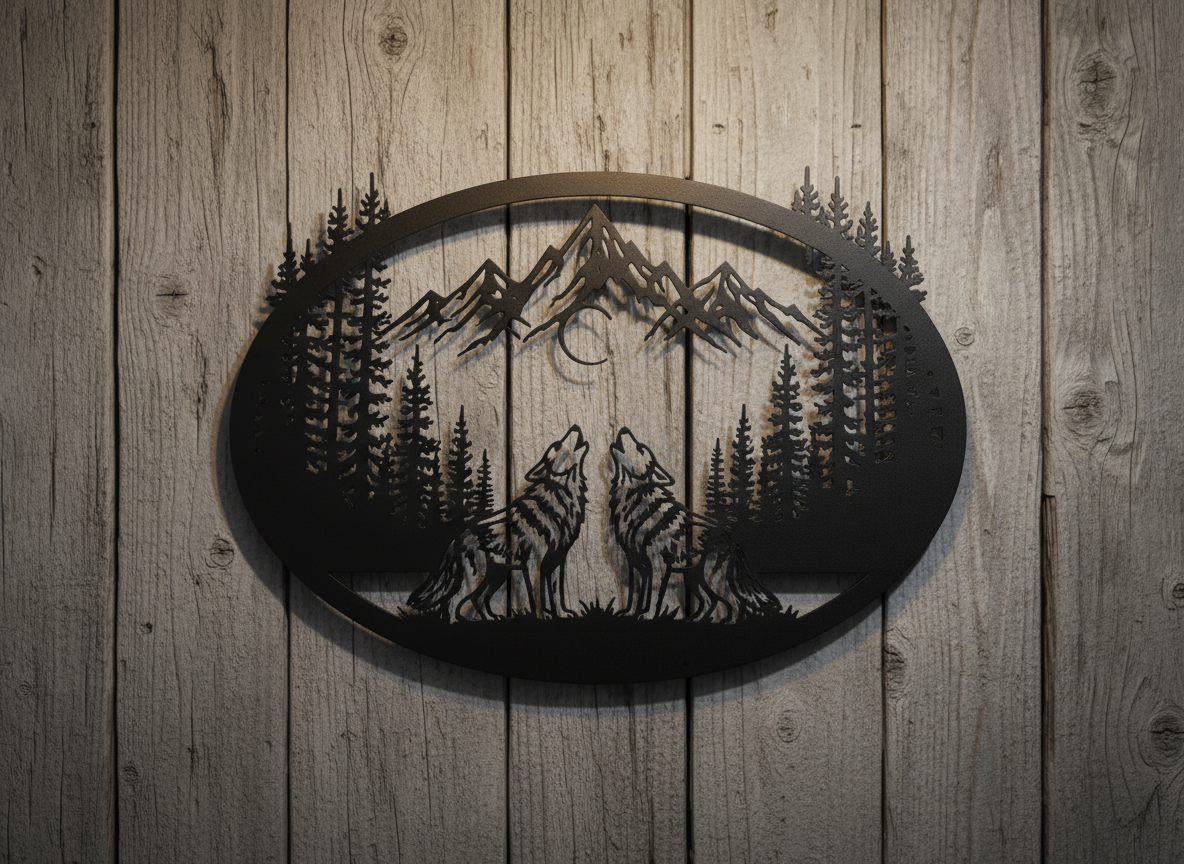 Oval howling wolves metal wall art with mountains and crescent moon in black steel – image 5