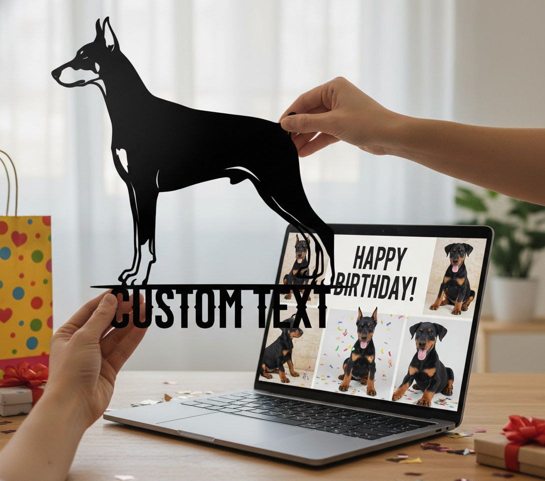 Personalized Doberman metal sign with standing dog and name in black steel – image 3