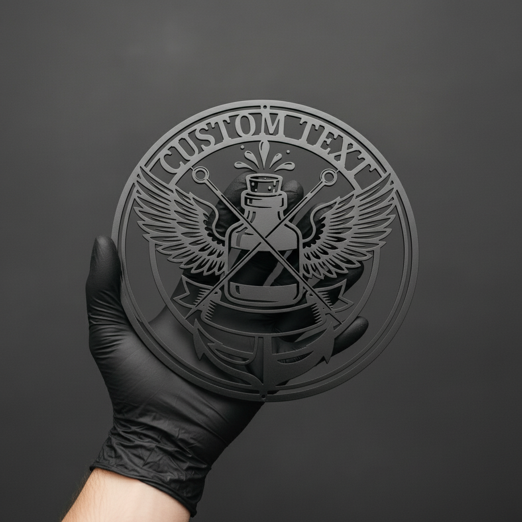 Personalisiertes rundes Tattoo Studio Schild mit Tintenflasche, Flügeln und Anker aus Stahl – Bild 8