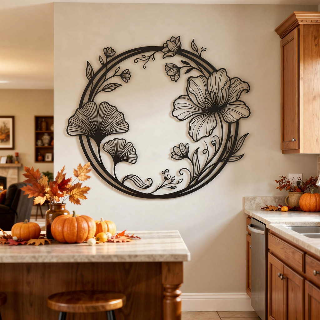Round ginkgo leaf and flower wreath metal wall art in black steel – image 6