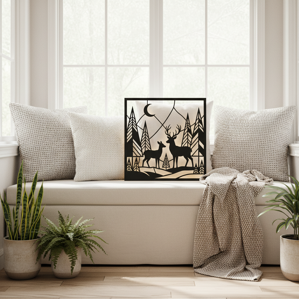 Personalized deer family name sign with forest and mountains in black steel