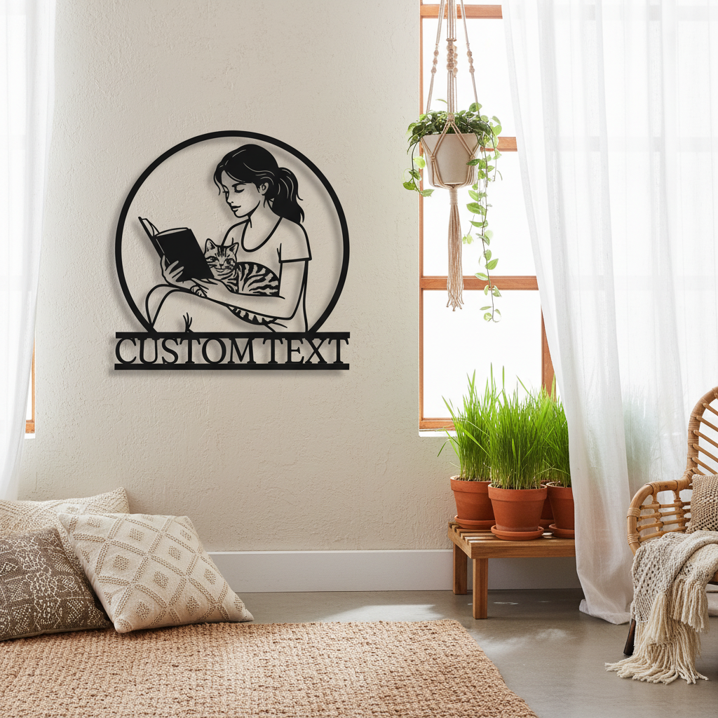 Personalized reading cat metal sign with custom name in black steel – image 5