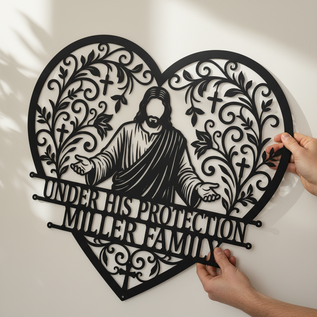 Personalized Jesus heart Christian metal sign with name in black steel – image 2