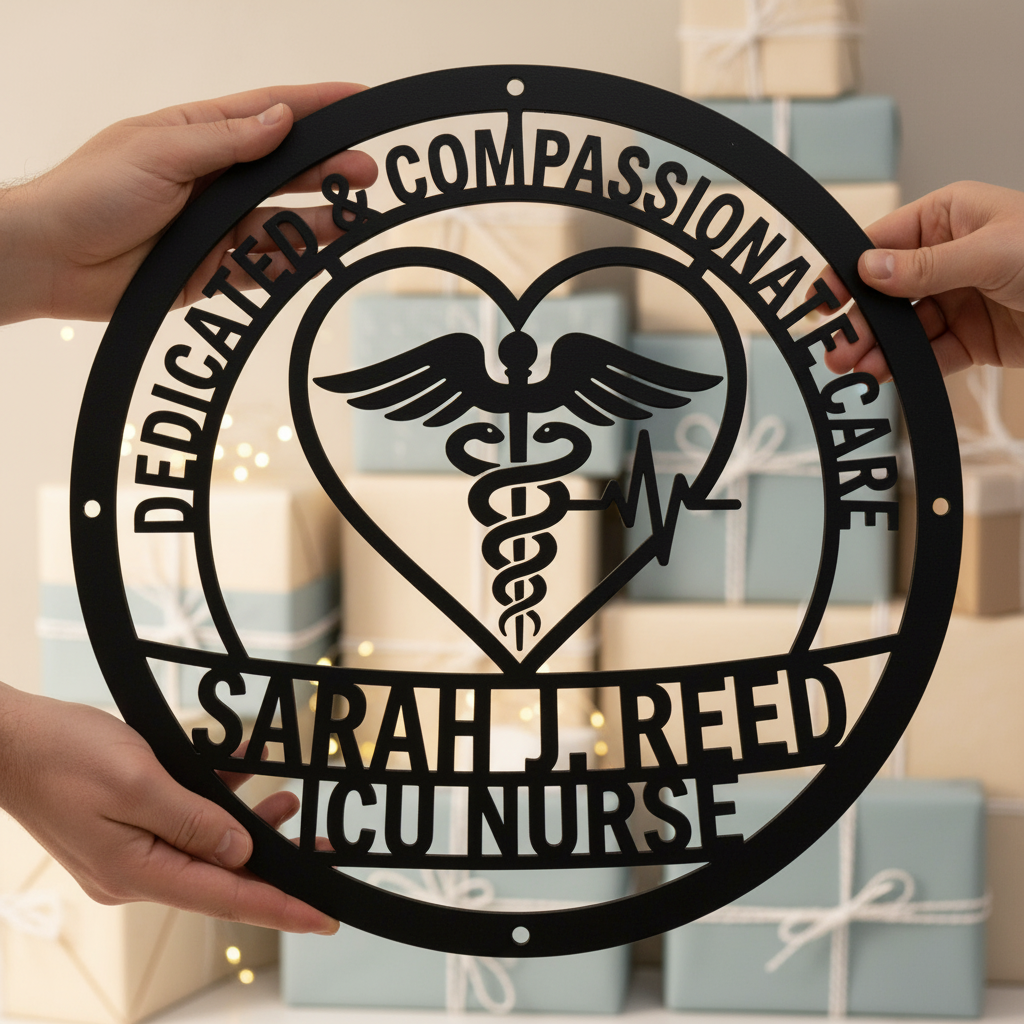 Personalized Compassionate Care nurse sign with caduceus and name in black steel – image 5