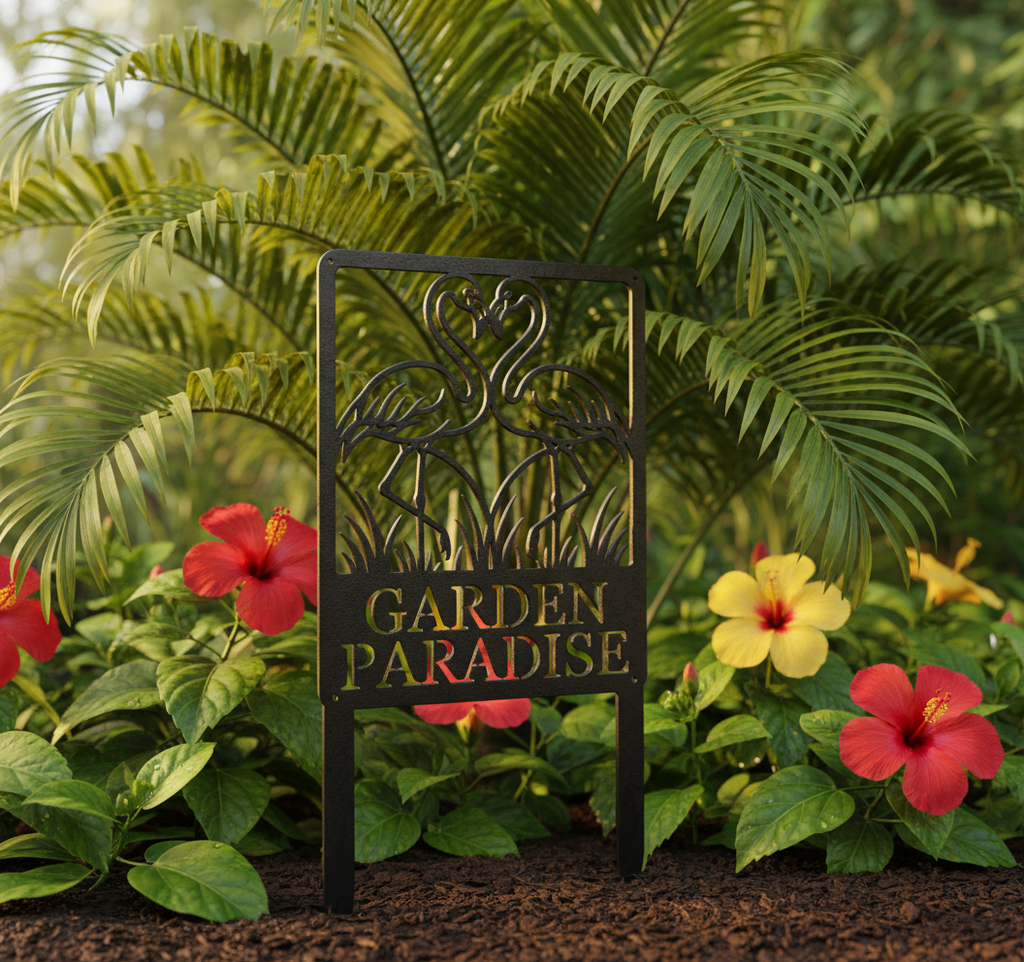 Personalized flamingo couple garden stake with name in black steel – image 2