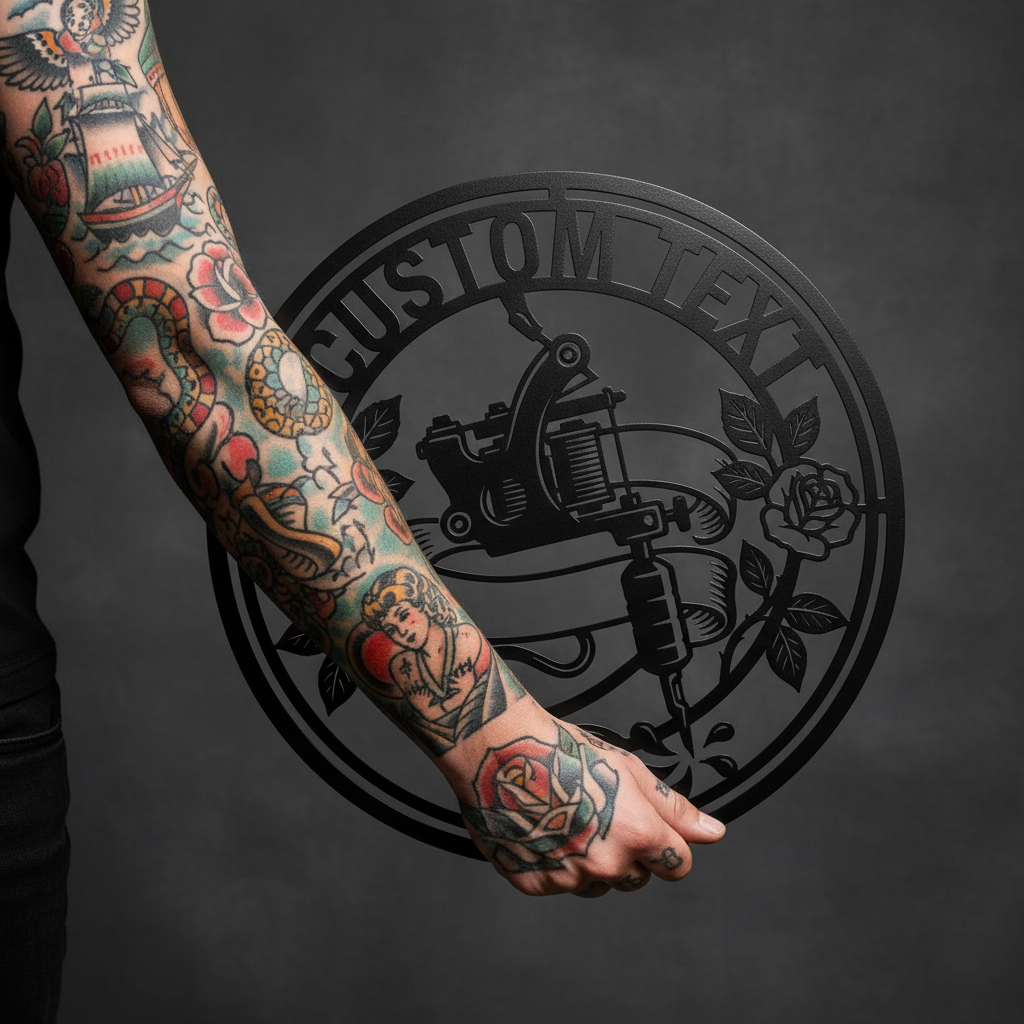 Personalisiertes rundes Tattoostudio Schild mit Tattoomaschine und Rose aus schwarzem Stahl – Bild 8