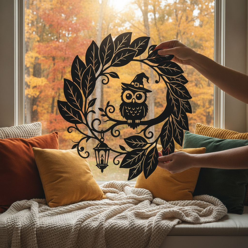 Round Halloween witch and owl metal sign with lantern and leaf wreath – image 6
