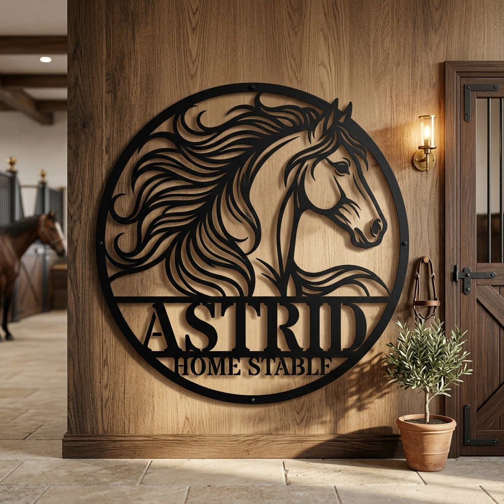 Personalized horse head stall sign with horse name in black steel