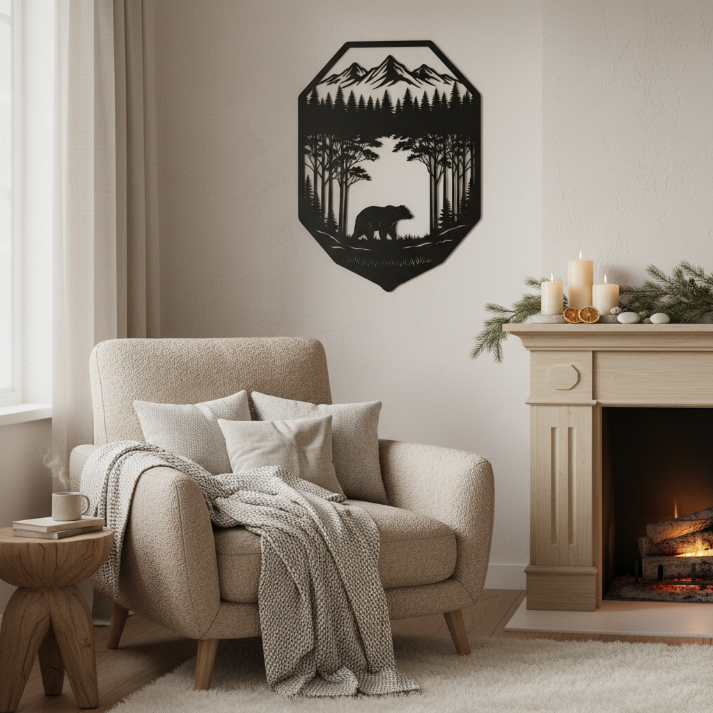 Bär mit Wald und Bergen auf Wappenschild Metall Wanddeko – Bild 4