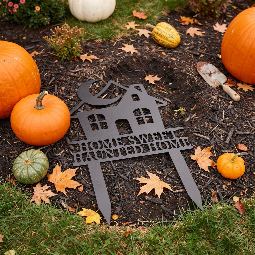 Home Sweet Haunted Home Halloween garden stake with haunted house in black steel