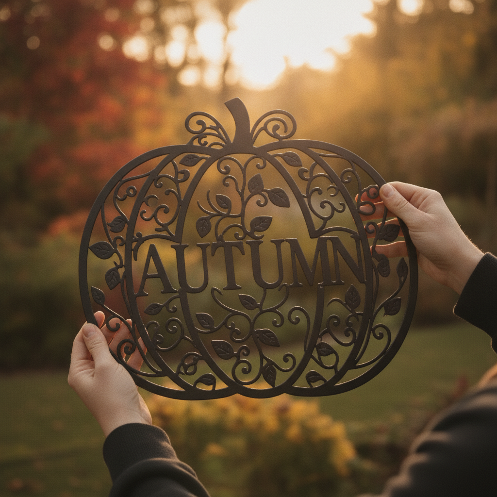 Fall pumpkin metal wall art with filigree vines and autumn leaves in black steel – image 9