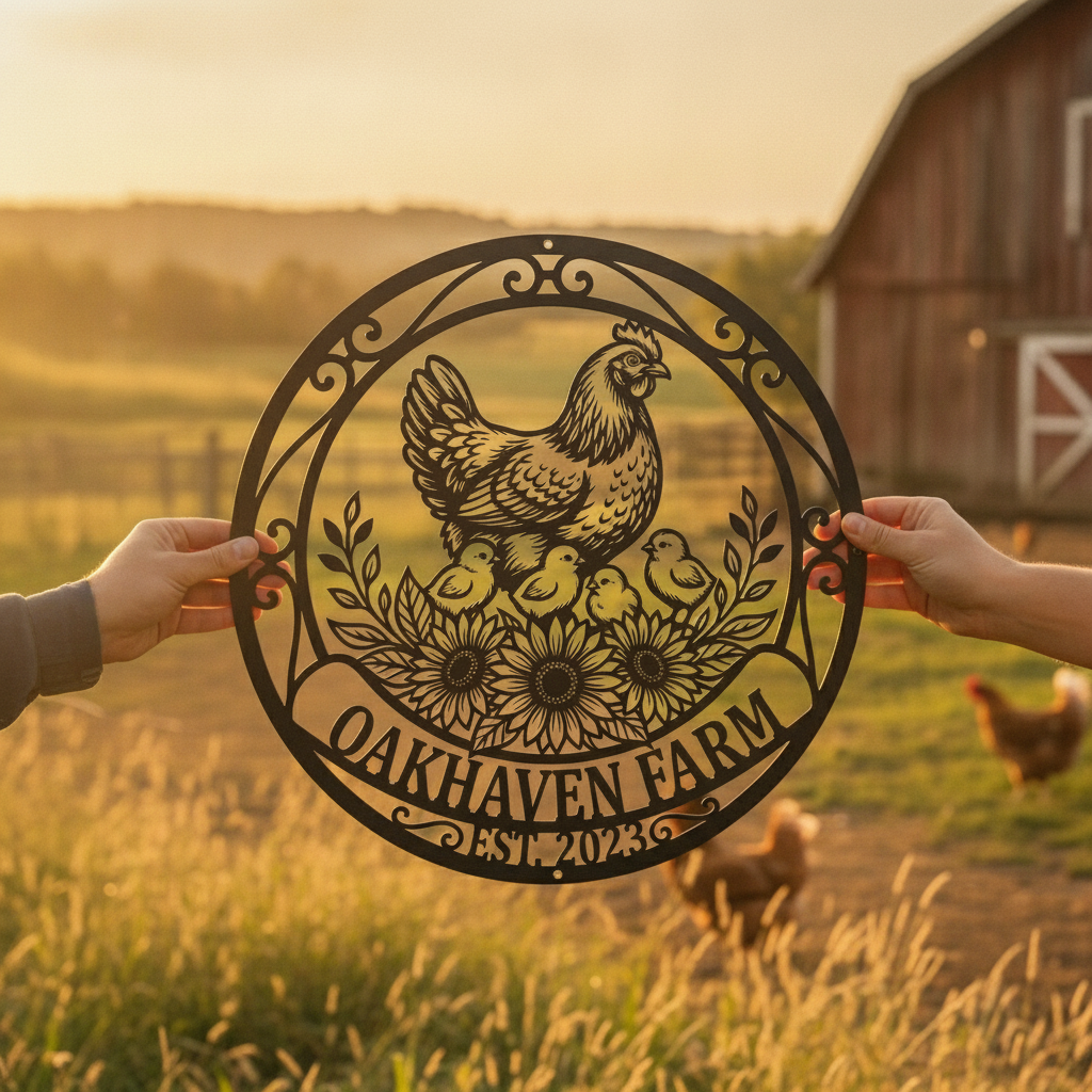 Personalisiertes Hofschild rund mit Henne, Küken und Sonnenblumen – Bild 9