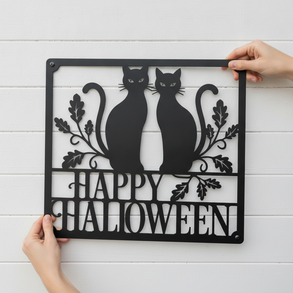 Happy Halloween Metallschild mit schwarzen Katzen – Halloween Wanddeko aus Stahl für Haustür und Veranda