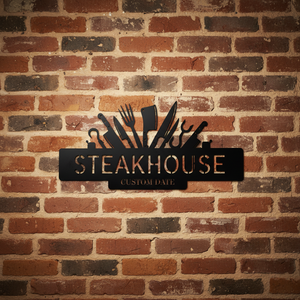 Personalized steakhouse metal sign with crossed knives, cleaver and name in black steel – image 4