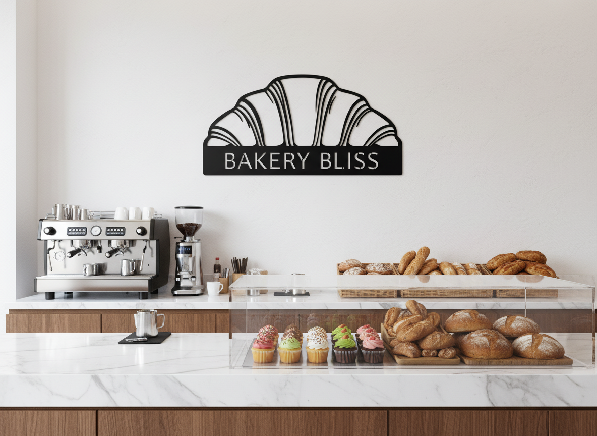 Personalized bakery and café metal sign with croissant and name in black steel – image 6