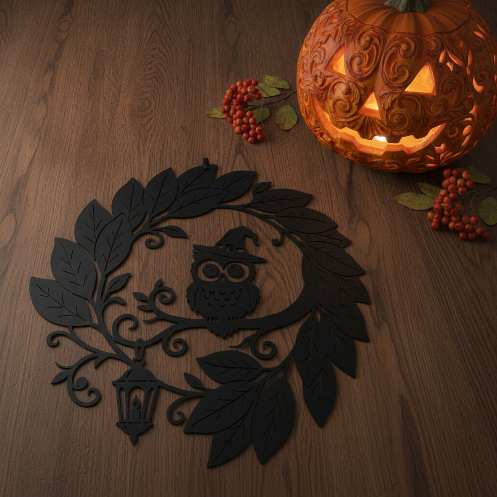 Round Halloween witch and owl metal sign with lantern and leaf wreath – image 9