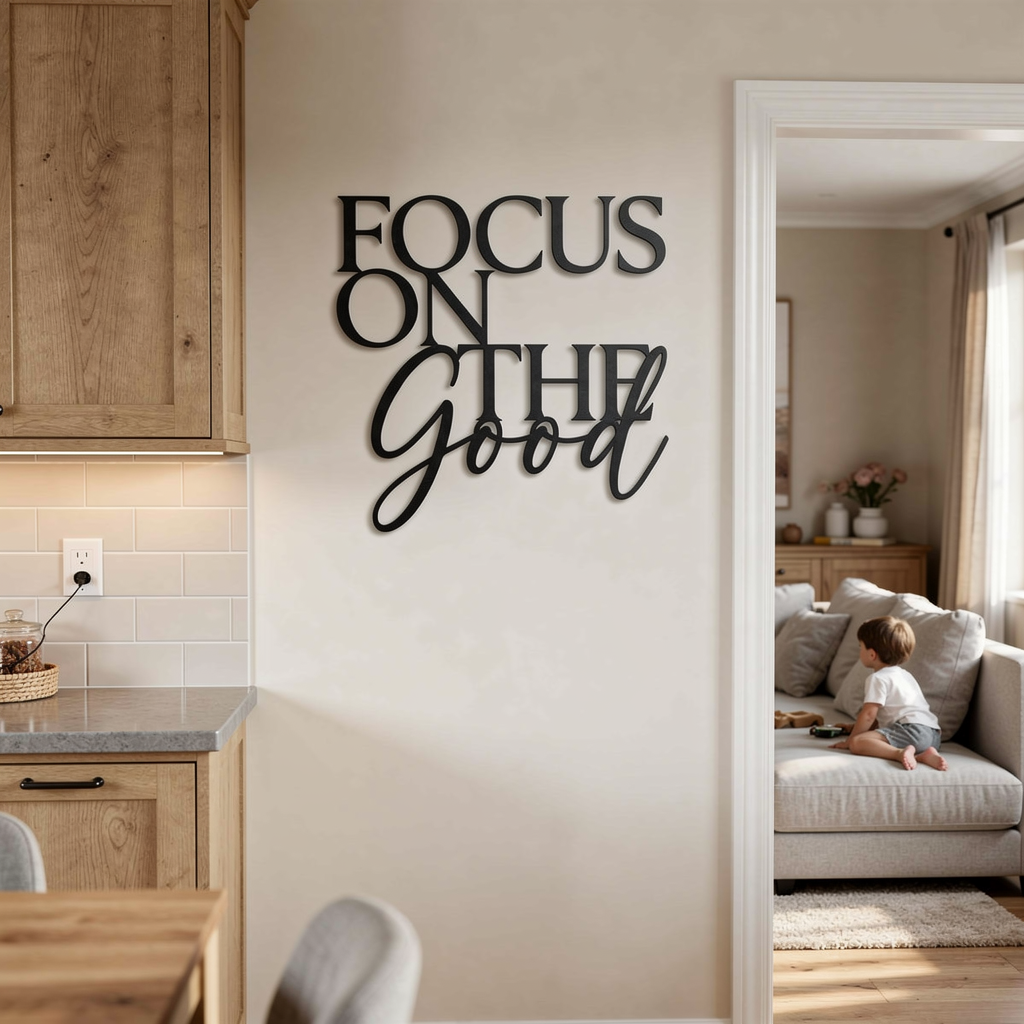 Focus on the good metal word sign in black steel as inspirational wall art – image 5