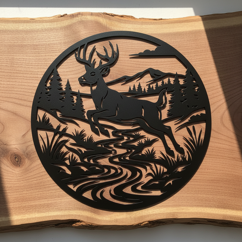 Round metal sign with deer leaping over a river, mountains and forest in black steel – image 2