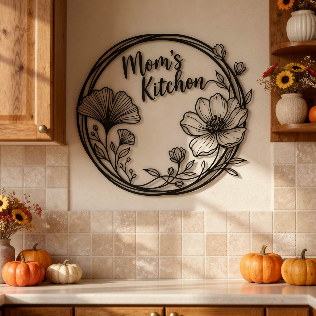 Personalisiertes rundes Familienschild mit Ginkgo- und Mohnblumenkranz aus schwarzem Stahl – Bild 5