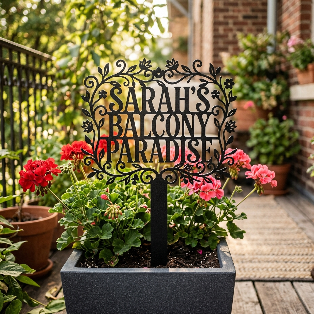 Personalisierter Gartenstecker Balcony Paradise mit Blumenrahmen und Namen aus schwarzem Stahl – Bild 2