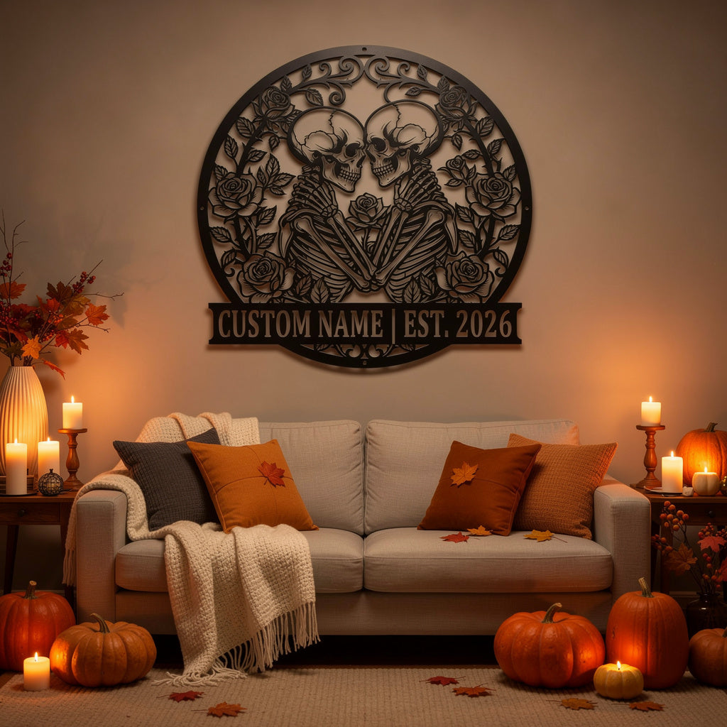 Personalisiertes Skelett-Paar Halloween Metallschild – Bild 3