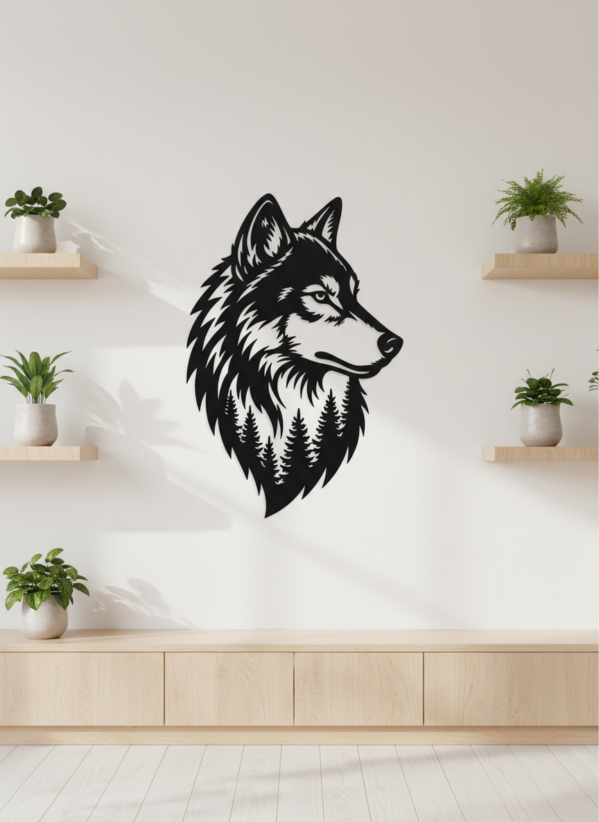 Wolf head metal wall art with forest and trees in black steel – image 5