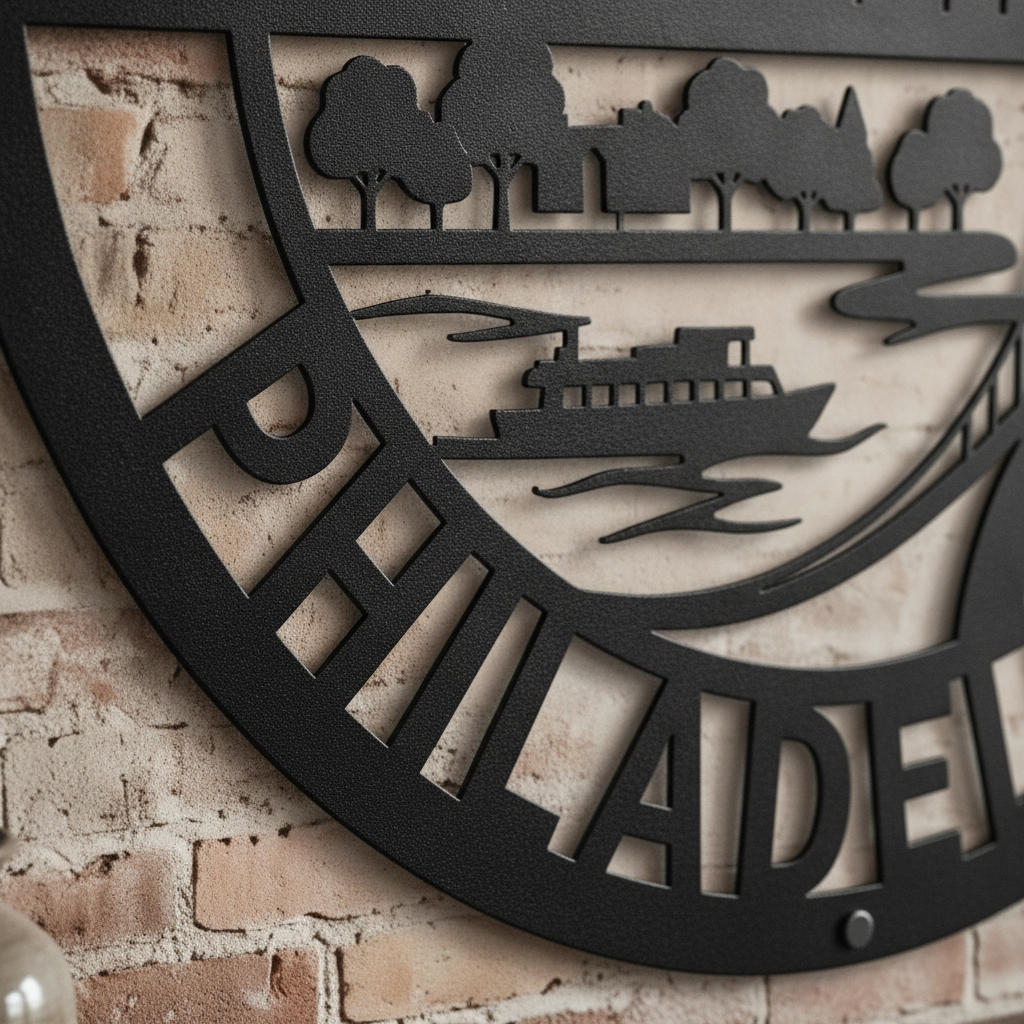 Round Philadelphia skyline metal sign with bridge in black steel – image 10