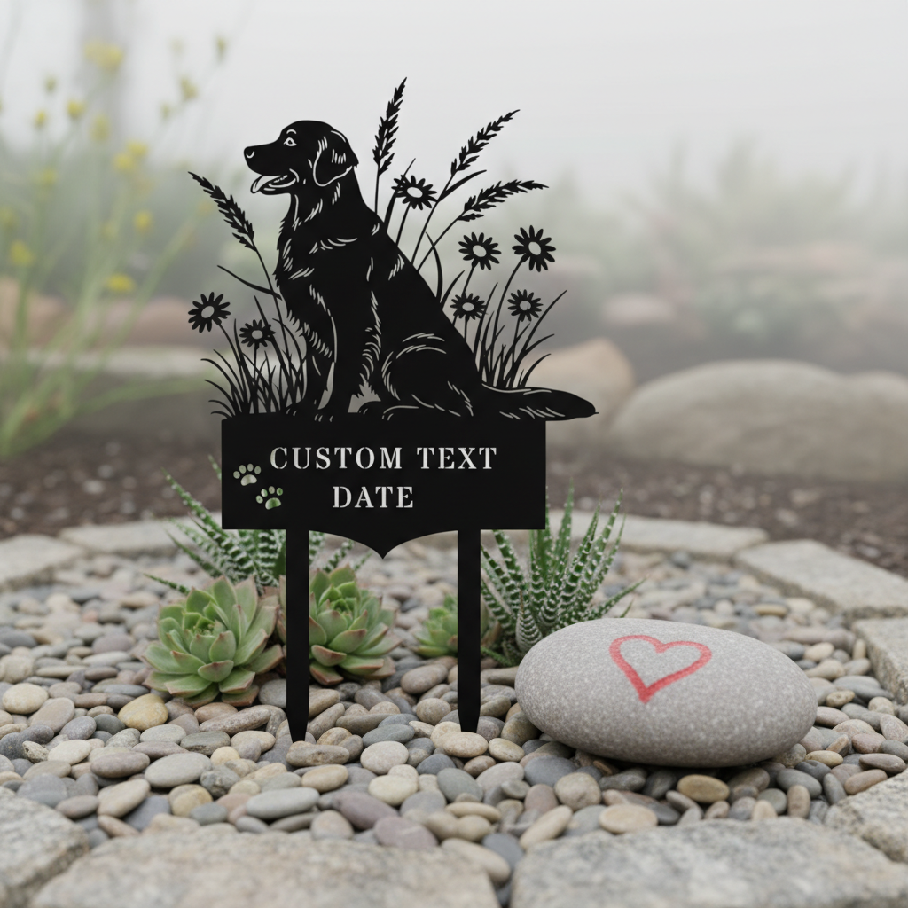 Personalized golden retriever memorial garden stake with name and dates in black steel – image 10