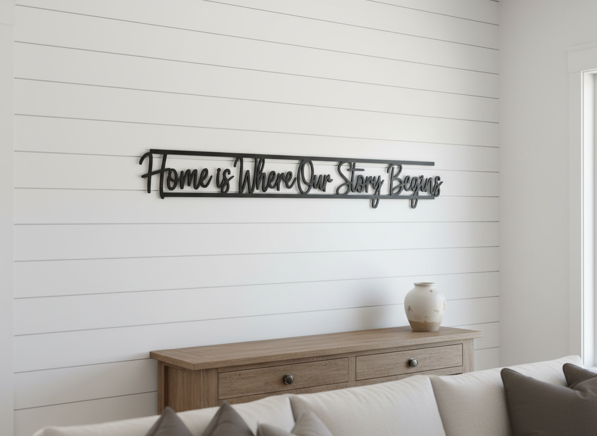 Home is where our story begins metal word art quote in black steel – image 3