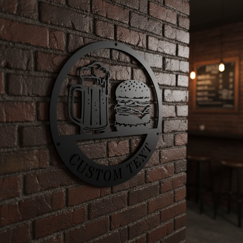 Round Burgers and Brews metal sign with beer mug and cheeseburger in black steel