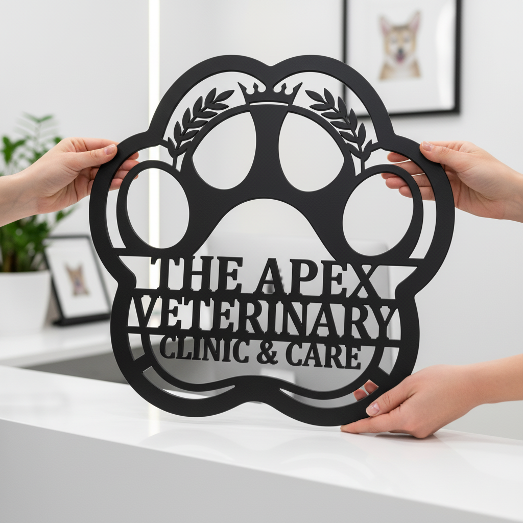Personalized veterinary clinic metal sign with paw print in black steel – image 7