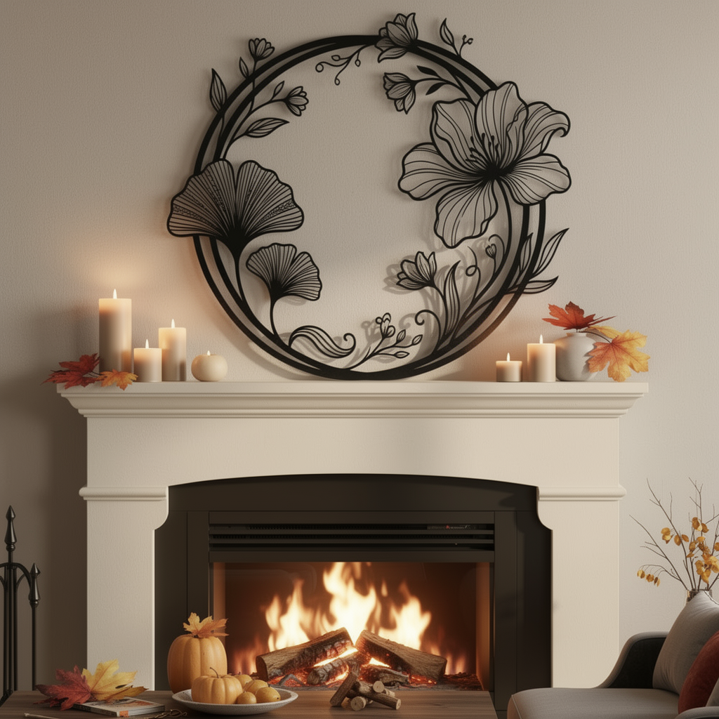 Round ginkgo leaf and flower wreath metal wall art in black steel – image 7