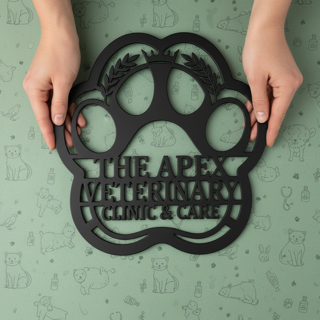Personalized veterinary clinic metal sign with paw print in black steel – image 9