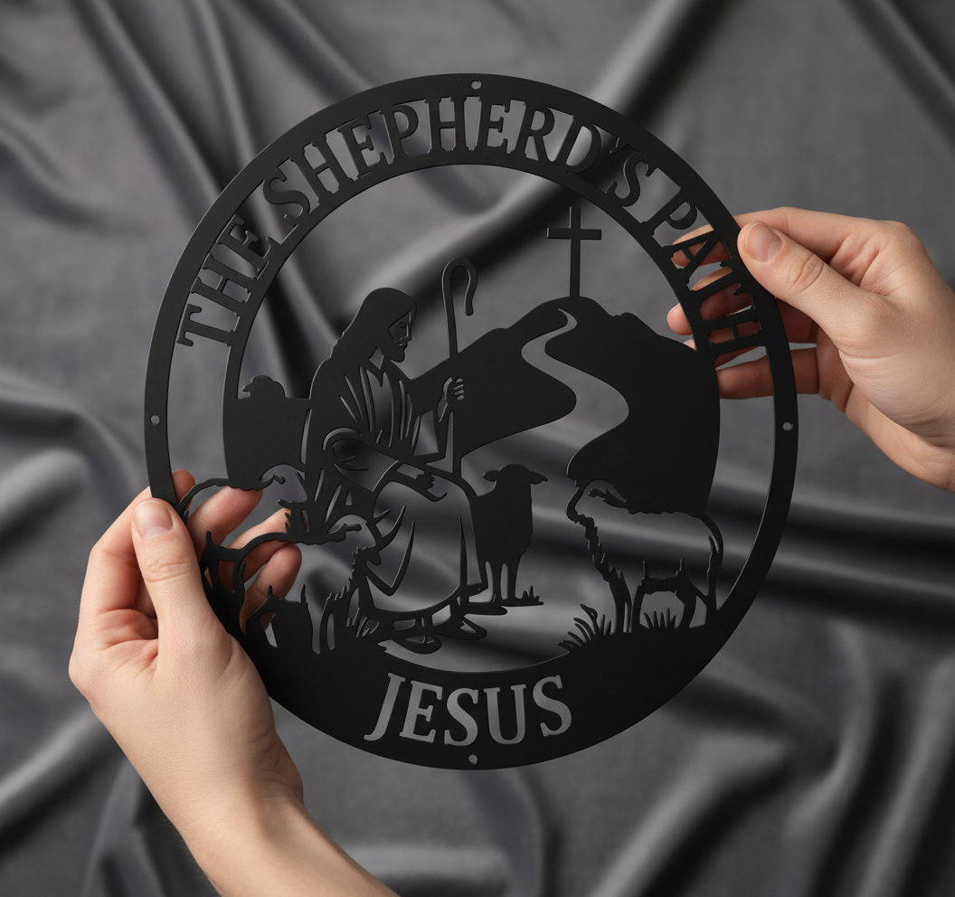 Rundes Metallschild Jesus der gute Hirte mit Lämmern und Kreuz aus schwarzem Stahl – Bild 6