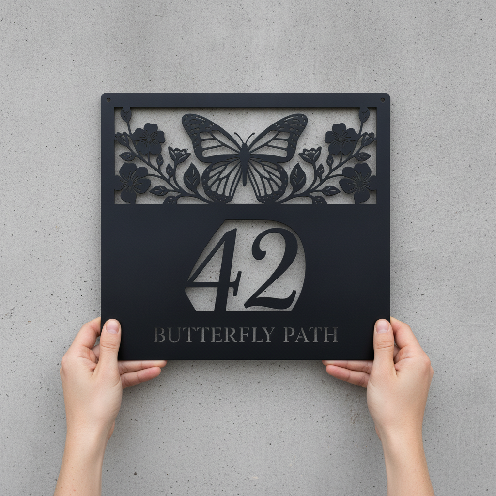 Personalized butterfly house number sign with flowers in black steel – image 6