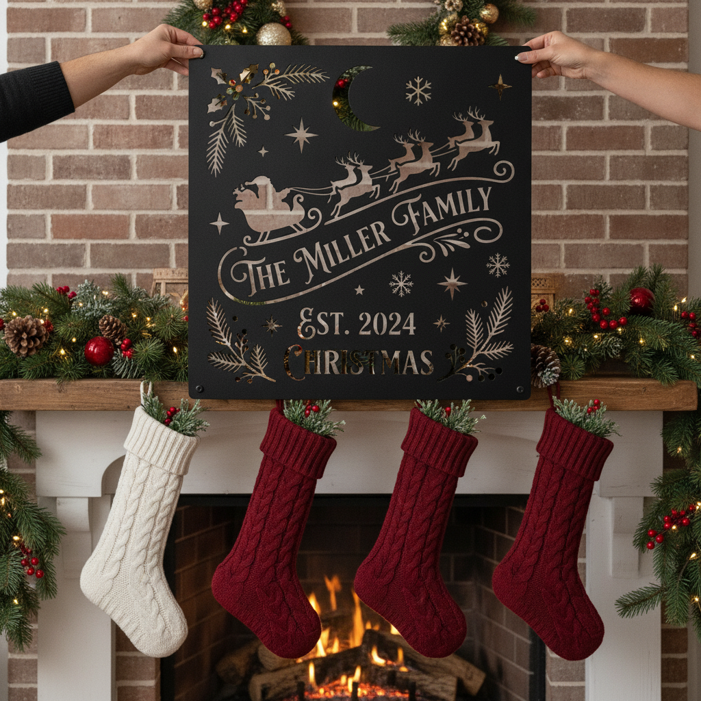 Personalisiertes Weihnachtsschild quadratisch mit Weihnachtsmann Schlitten und Rentieren – Bild 3