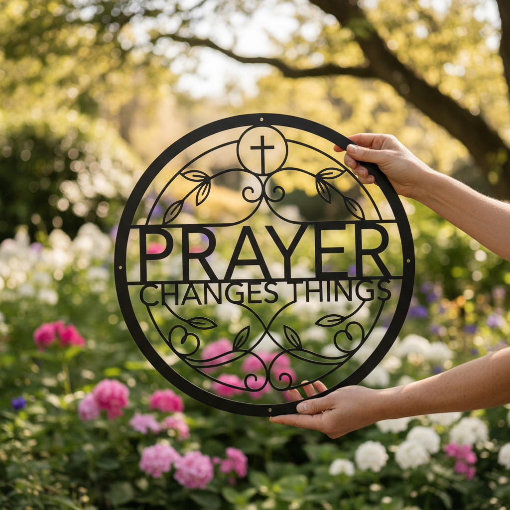 Personalized round Prayer Changes Things metal sign in black steel – image 9