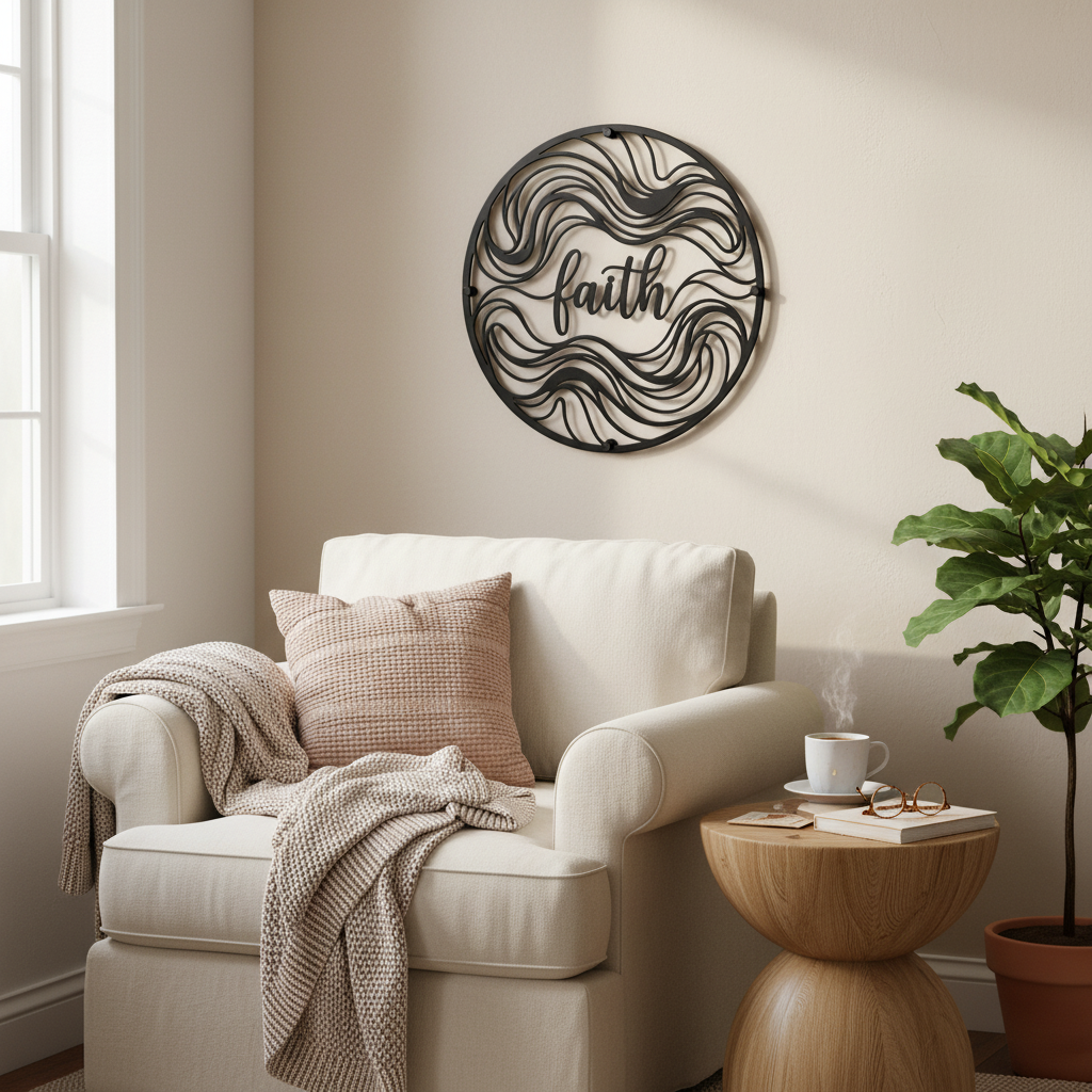 Round Faith metal sign with abstract waves in black steel – image 8