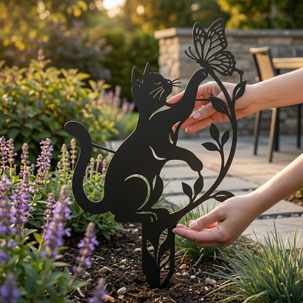 Verspielte Katze mit Schmetterling und Ranken Gartenstecker – Bild 5