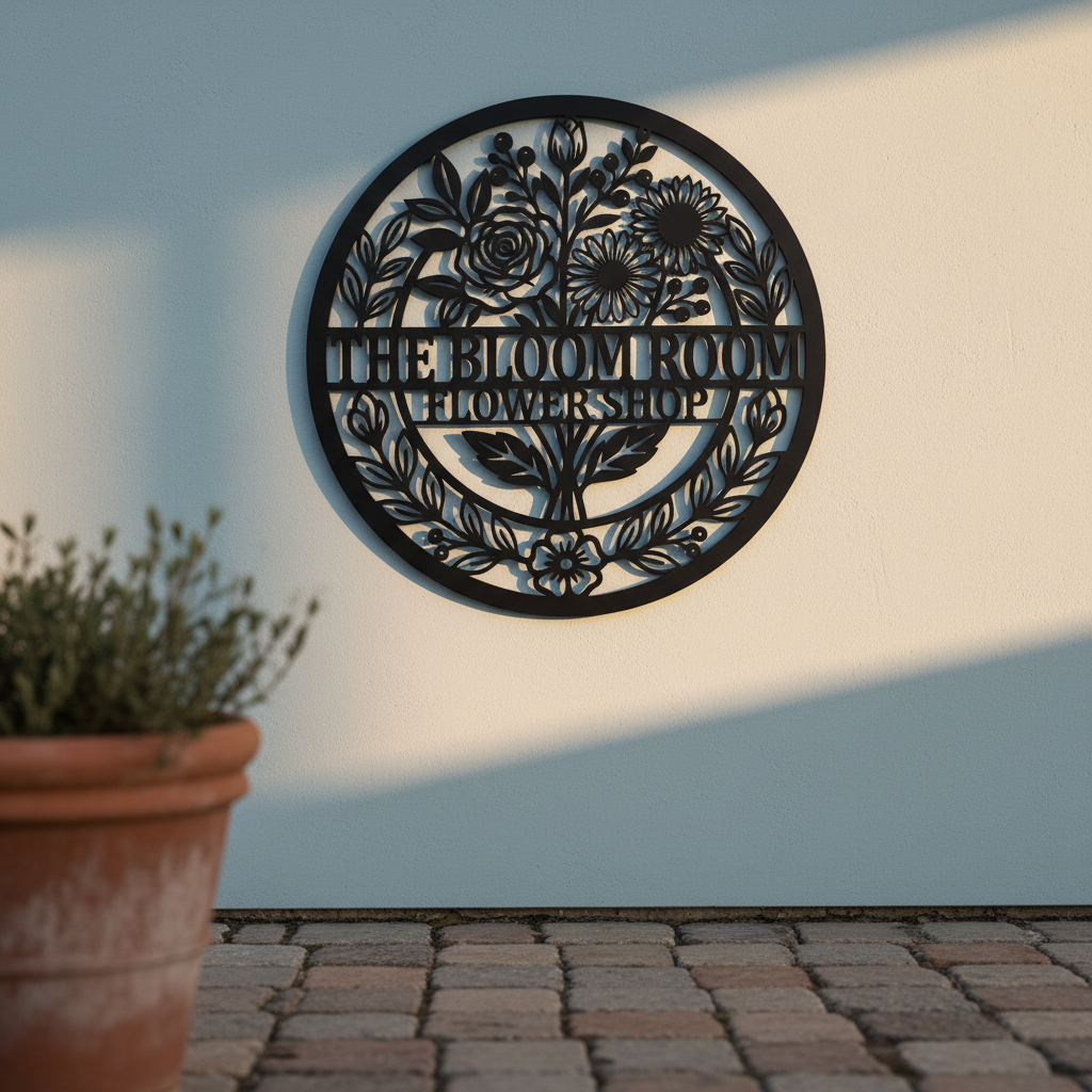 Personalized round flower shop metal sign with flowers and vines in black steel – image 8