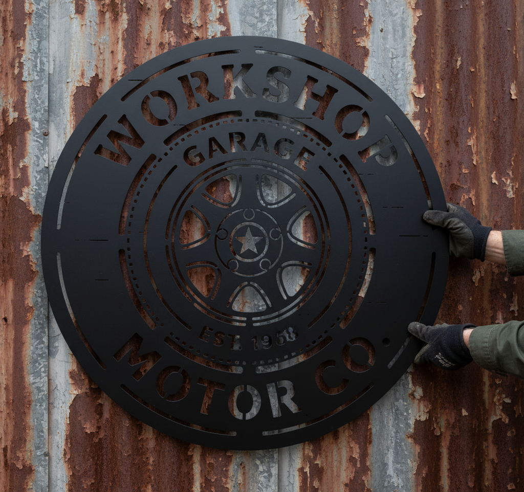 Personalized round Motor Co. garage sign with wheel rim in black steel – image 3