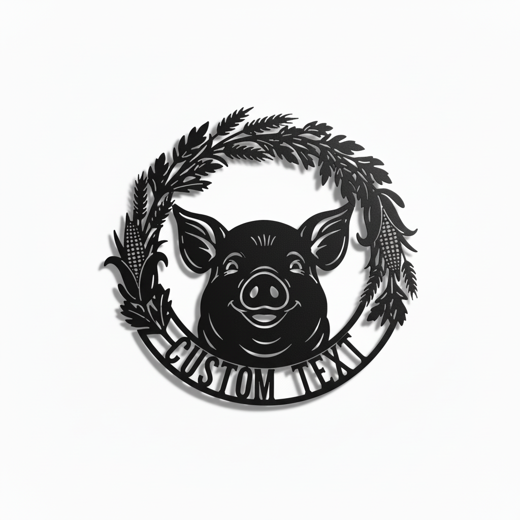 Personalized pig head farm sign with leaf wreath and name in black steel – image 6