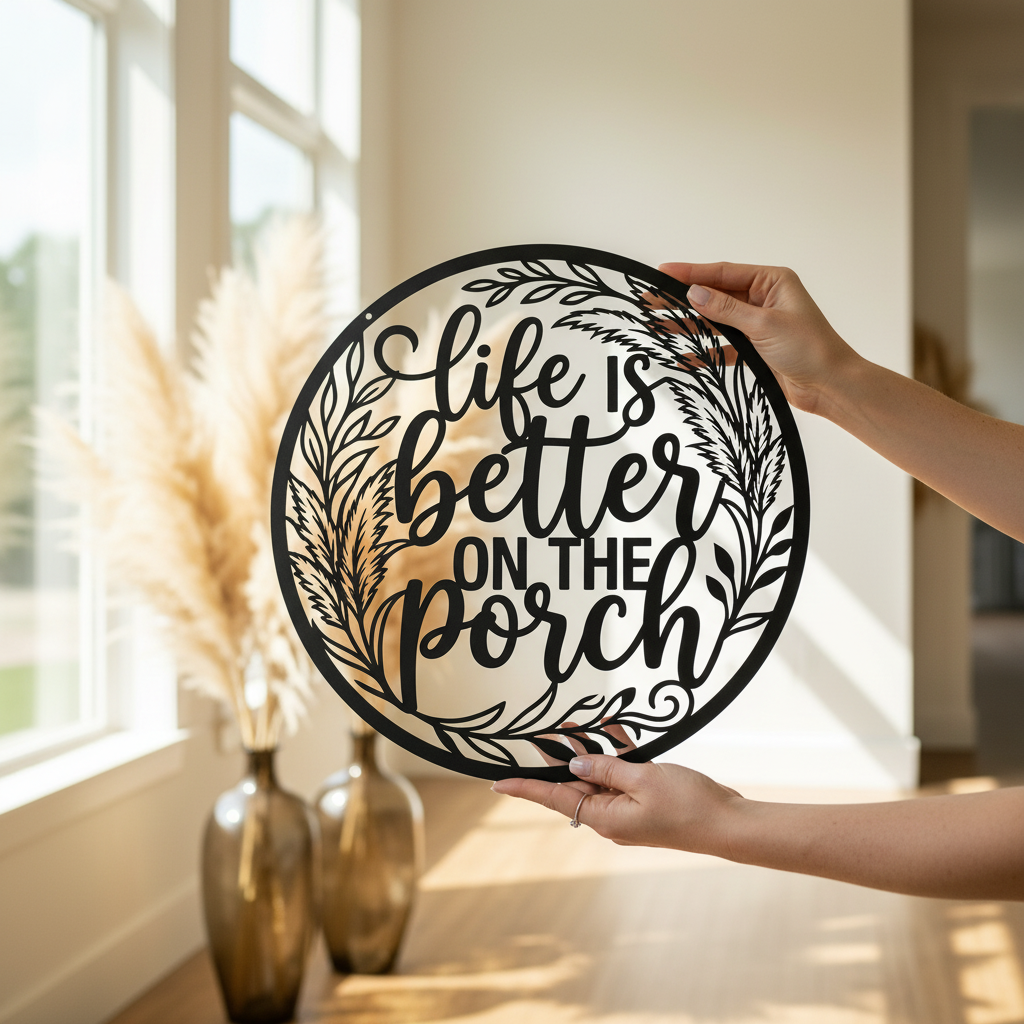 Rundes Boho Metallschild mit Pampasgras und Spruch aus schwarzem Stahl – Bild 7