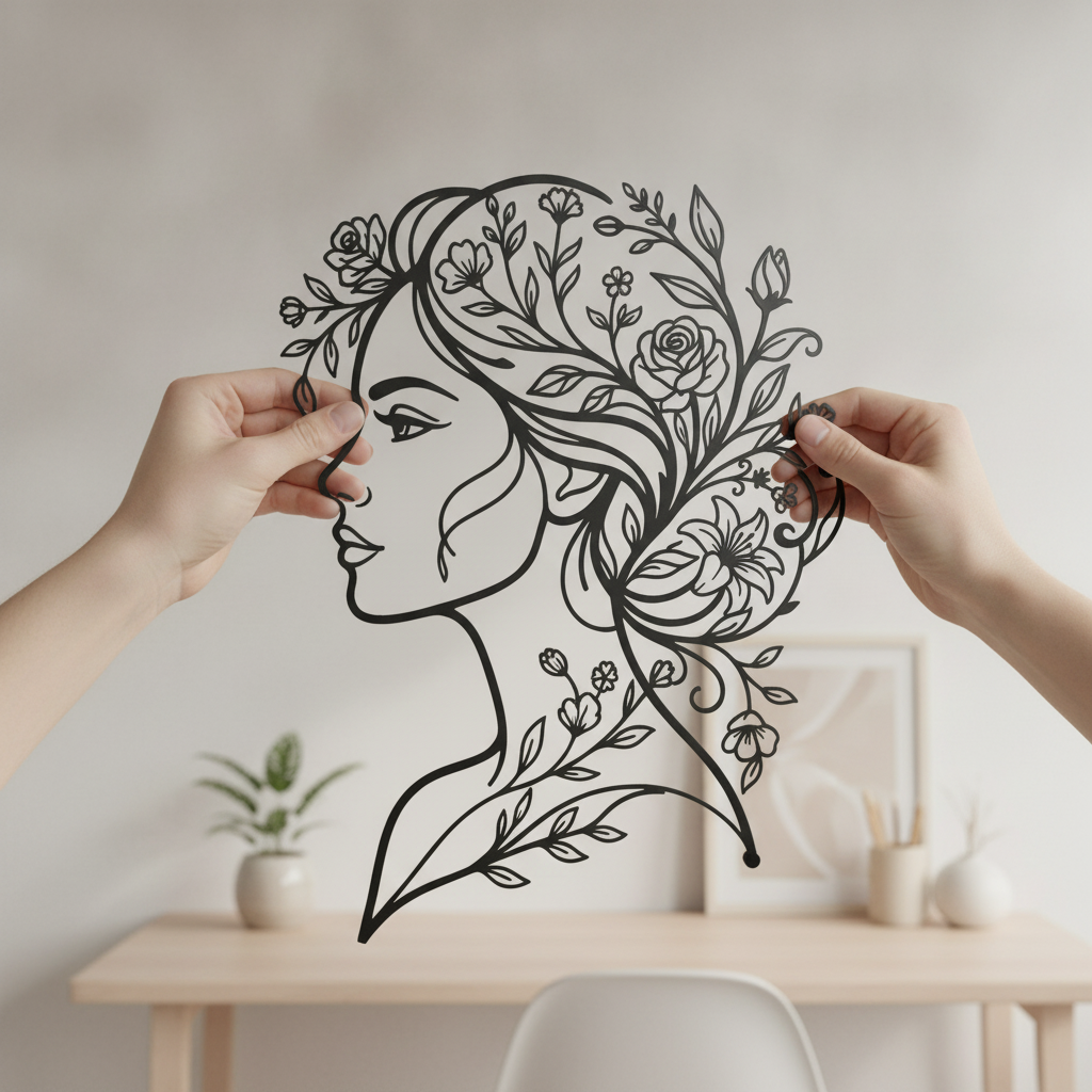 Personalized metal sign of a woman with flowers in her hair in black steel – image 7