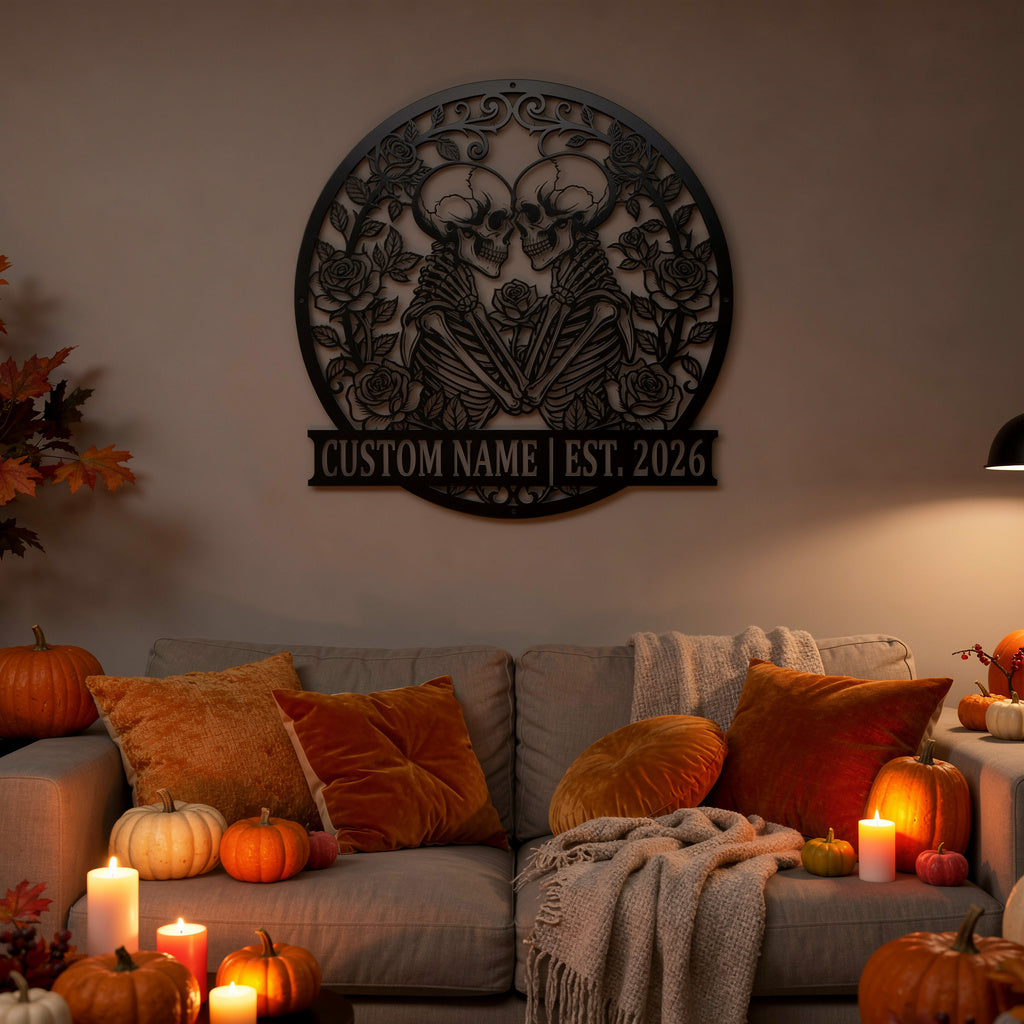 Personalisiertes Skelett-Paar Halloween Metallschild – Bild 5